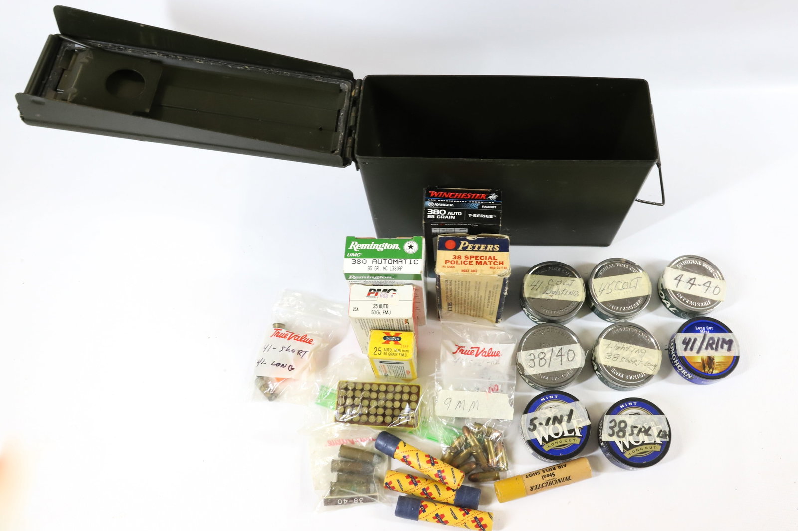 LOT OF VARIOUS AMMO: INCLUDING: 22 LONG RIFLE, 380, 38 SPECIAL, 25 AUTO AND MORE. -PICK-UP FOR THIS AUCTION WILL BE ON MONDAY NOVEMBER 3RD, TUESDAY NOVEMBER 4TH, WEDNESDAY NOVEMBER 5TH, AND THURSDAY NOVEMBER 6TH FROM 9:00