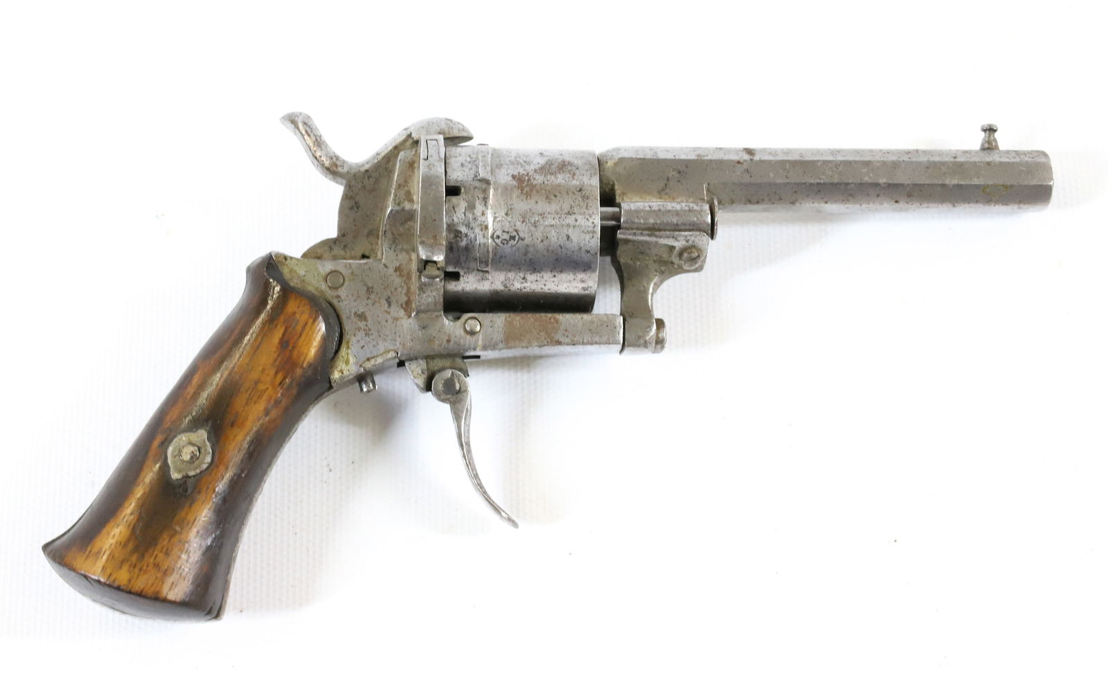 CIVIL WAR ERA PINFIRE REVOLVER: 7MM CALIBER. 3 1/2" OCTAGONAL BARREL. UNMARKED. -PICK-UP FOR THIS AUCTION WILL BE ON MONDAY NOVEMBER 3RD, TUESDAY NOVEMBER 4TH, WEDNESDAY NOVEMBER 5TH, AND THURSDAY NOVEMBER 6TH FROM 9:00 AM TILL 3:00