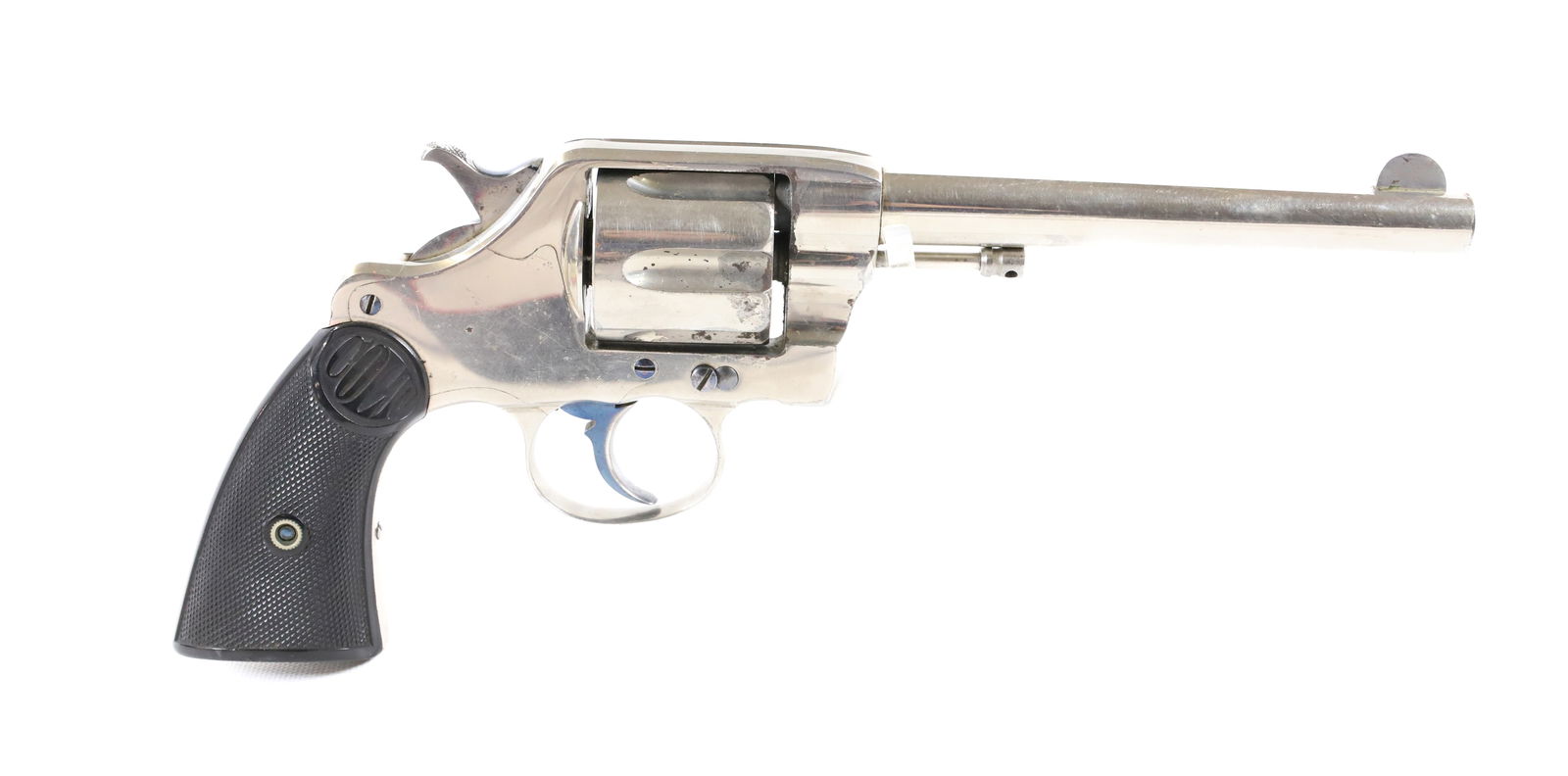 COLT MODEL OF AN 1889 DA38: 38 CALIBER, SERIAL 786, 6" BARREL, IN NICKEL. 1892 DATE. -PICK-UP FOR THIS AUCTION WILL BE ON MONDAY NOVEMBER 3RD, TUESDAY NOVEMBER 4TH, WEDNESDAY NOVEMBER 5TH, AND THURSDAY NOVEMBER 6TH FROM 9:00 AM