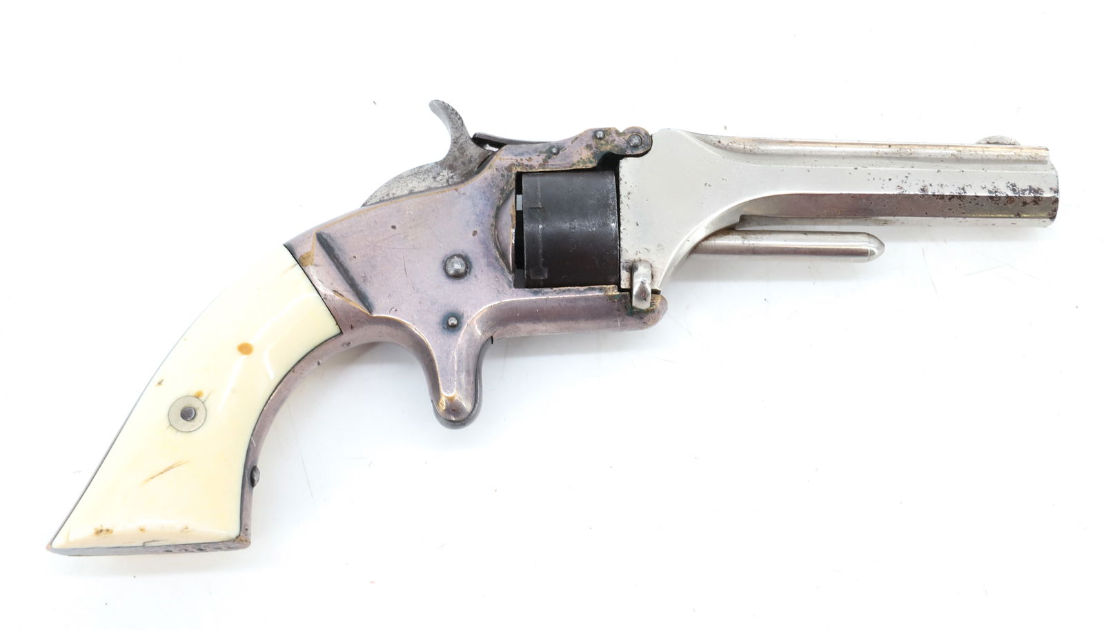 SMITH AND WESSON NO. 1 REVOLVER: 22 SHORT, SERIAL# 3742, 3 3/16" BARREL - BONE GRIP - ANTIQUE OR BLACK POWDER, NO REGISTRATION OR TRANSFER REQUIRED
