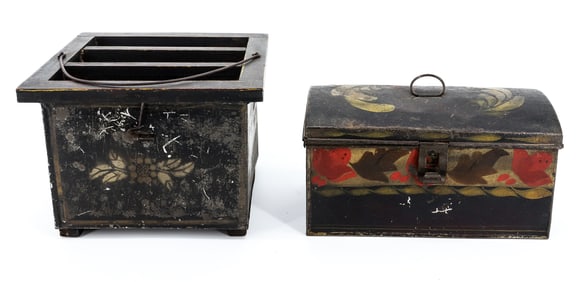 DECORATED TIN FOOT WARMER AND DEED BOX
