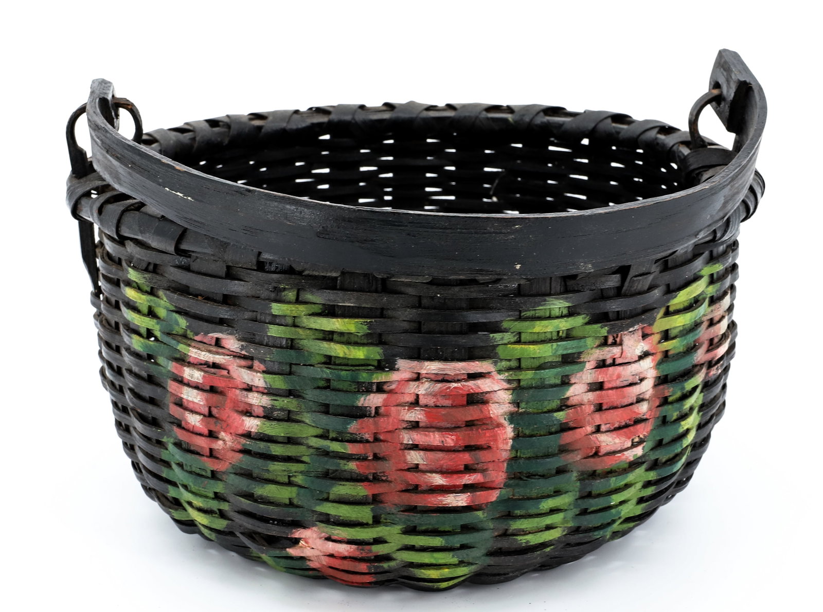 PAINTED SWING-HANDLE EGG BASKET: BLACK PAINTED SURFACE WITH FLORAL DECORATION. CARVED SWING HANDLE. 5 1/2" X 10 1/2" X 10".