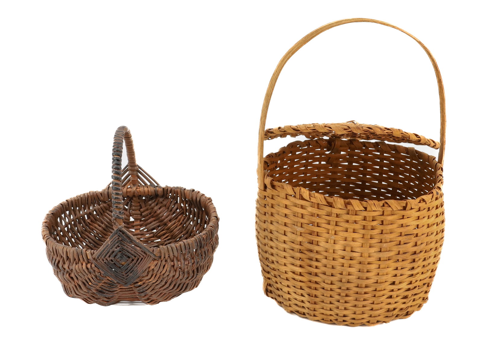 (2) PETITE-SIZE HANDLED BASKETS: LARGER HAS ATTACHED LID WITH BENTWOOD HANDLE. 5" X 6 1/2". SMALLER HAS WRAPPED BENTWOOD HANDLE AND "GOD'S EYE" ATTACHMENT POINTS. 6" L.
