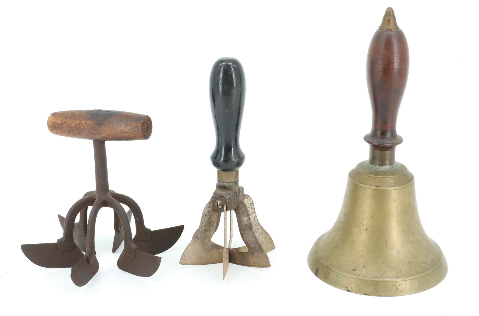 BETHLEHEM, PA SCHOOL BELL AND FOOD CHOPPERS: BRASS SCHOOL MASTER BELL INSCRIBED INTERIOR "MILES WHITESELL, 1148 BUTZTOWN ROAD, BETHLEHEM, PA". 10" H. WITH, TWO IRON FOOD CHOPPERS WITH WOODEN HANDLES.