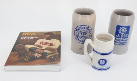 (3) STONEWARE MUGS AND REA AUCTION CATALOG