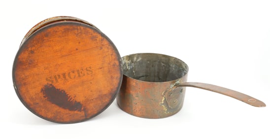 WOODEN SPICE TINS AND COPPER POT