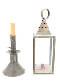 BRASS LANTERN AND PUSH-UP CANDLEHOLDER