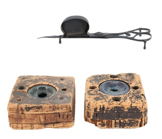 PAIR OF 18TH C. GLASS / CORK INKWELLS, WICK TRIMMER