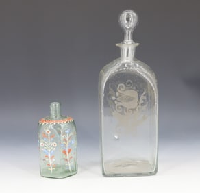 STEIGEL-TYPE BLOWN GLASS BOTTLE AND DECANTER