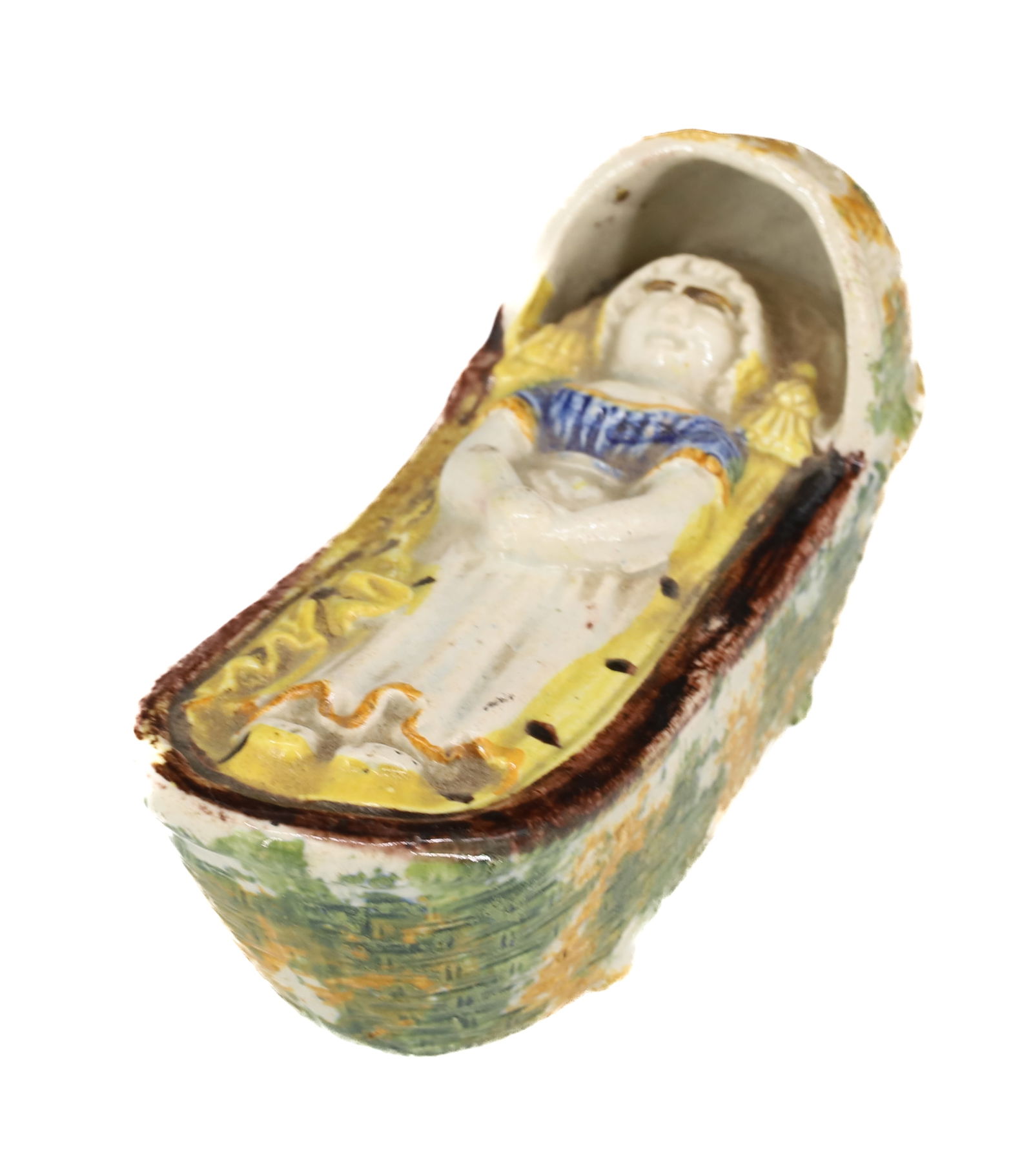 STAFFORDSHIRE "PRATTWARE" CRADLE: UNMARKED. 4 1/4" L.