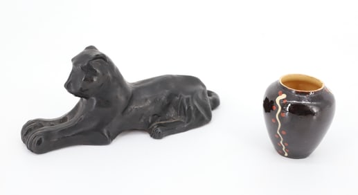 POTTERY LION AND VASE