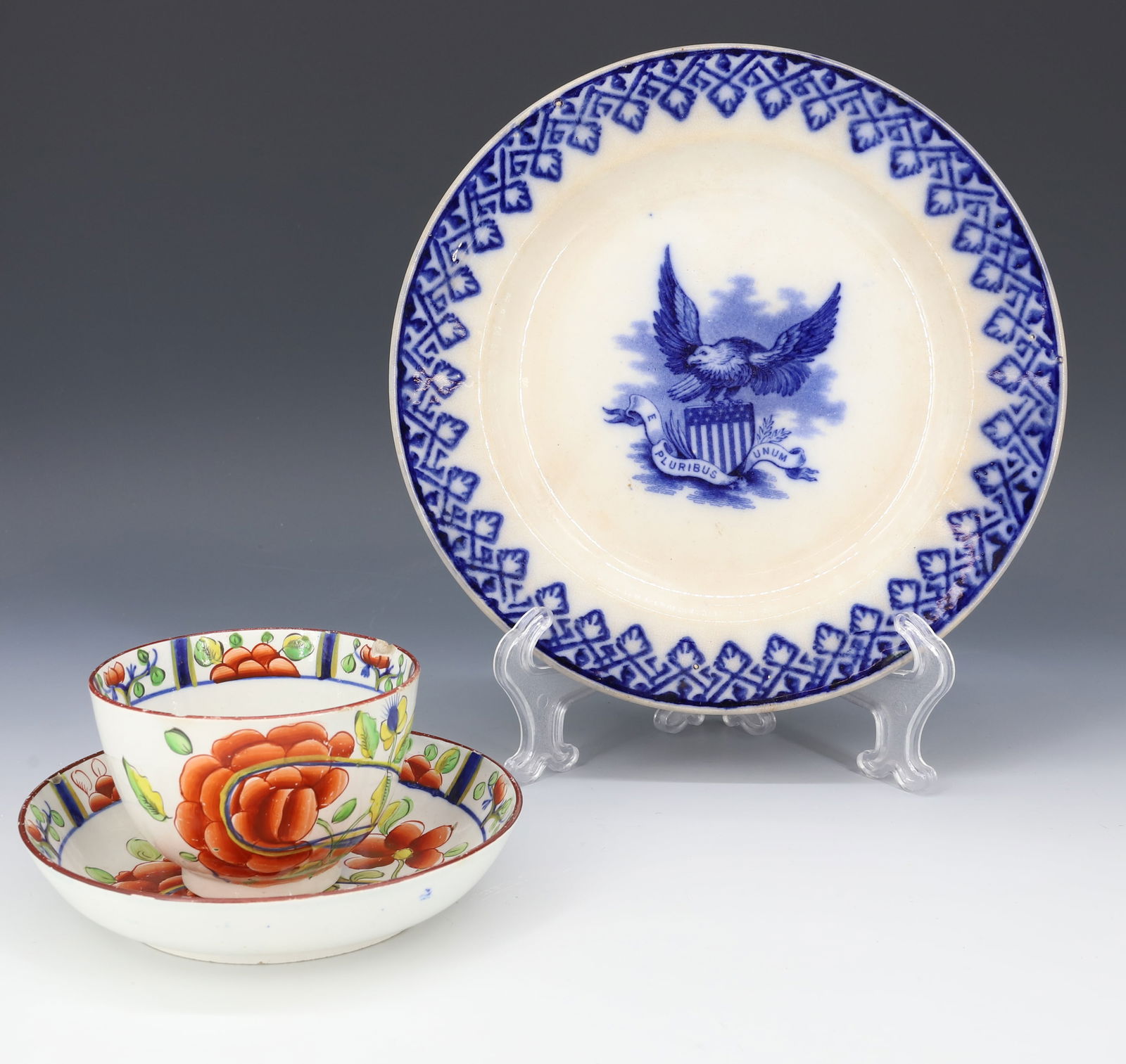 GAUDY DUTCH CUP / SAUCER AND FLOW BLUE PLATE (1 of 5)