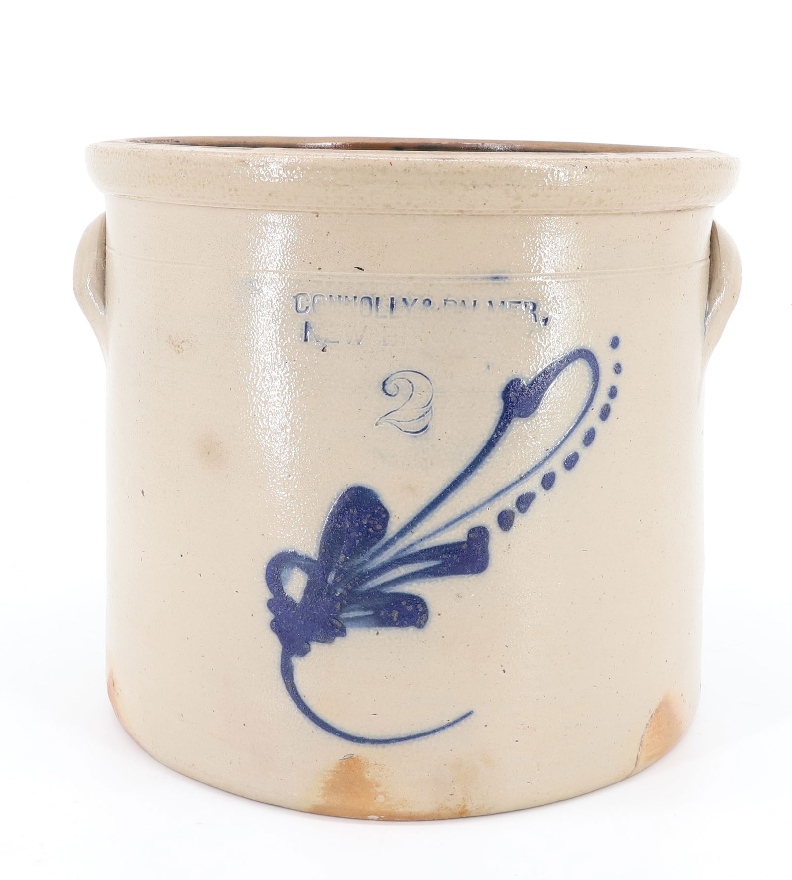 NEW BRUNSWICK, NJ STONEWARE JUG: BLUE FLORAL TWO GALLON CROCK IMPRESSED "CONNOLLY & PALMER" 9" X 10 1/4".