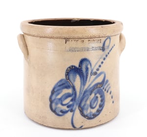WORCESTER, MA BLUE DECORATED CROCK