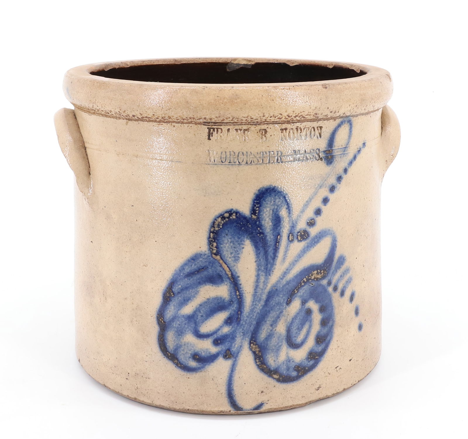 WORCESTER, MA BLUE DECORATED CROCK: BLUE FLORAL DECORATION ONE GALLON CROCK MRKD. "FRANK NORTON, WORCESTER MASS" 7 1/2" X 8 1/4".