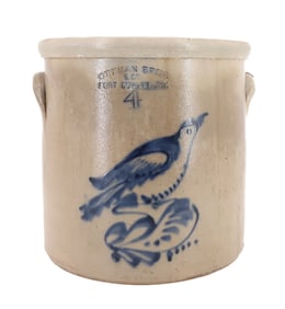 FORT EDWARD, NY BLUE DECORATED STONEWARE CROCK