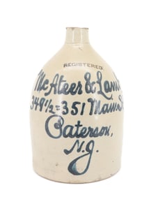 PATERSON, NJ BLUE SCRIPT ADVERTISING JUG