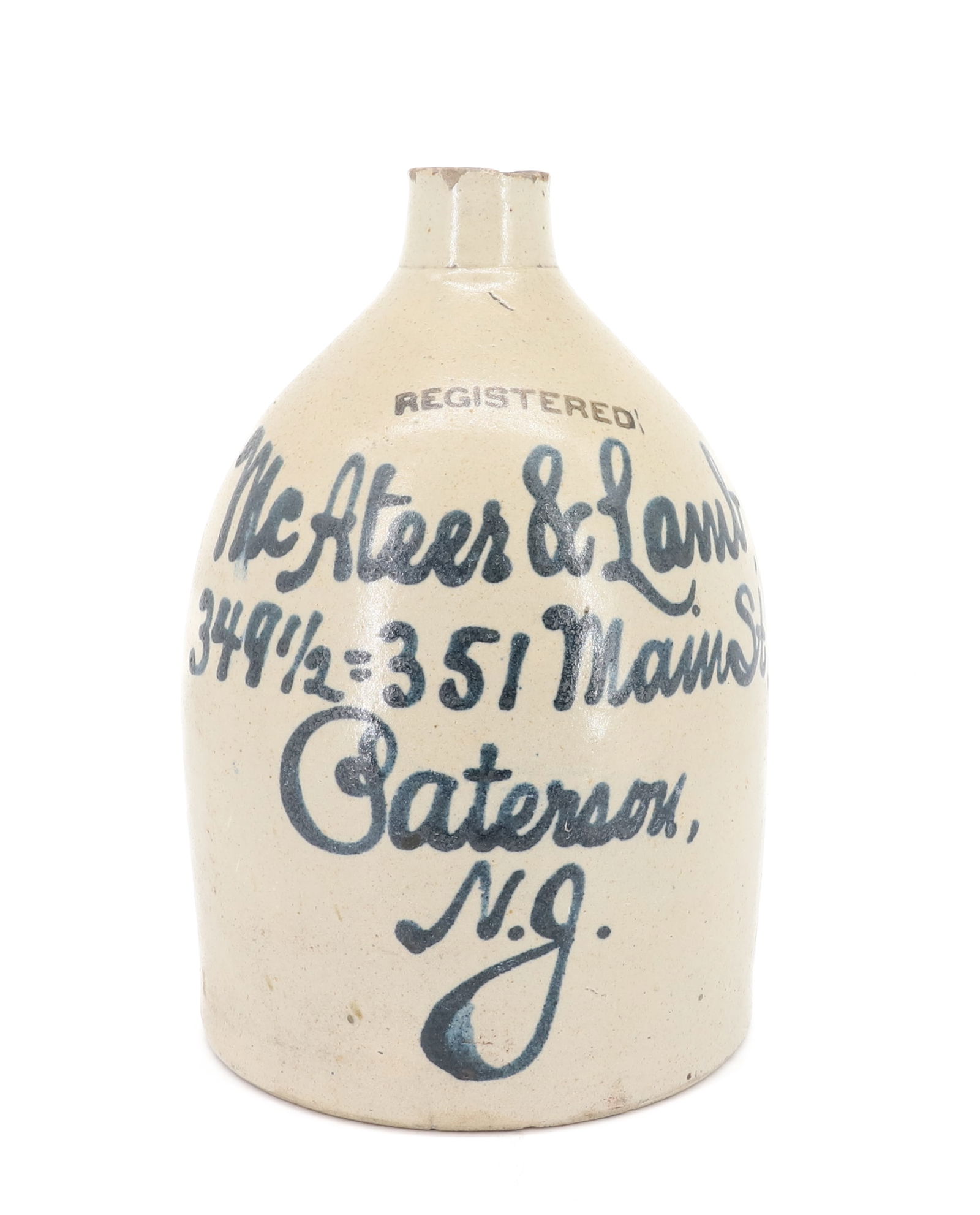 PATERSON, NJ BLUE SCRIPT ADVERTISING JUG (1 of 6)