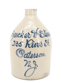 PATERSON, NJ BLUE SCRIPT ADVERTISING JUG