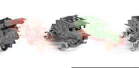 (2) CAST IRON TOY TRUCKS: STAKE BODY TRUCKS, PAINTED RED AND GREEN - 4 1/2" L