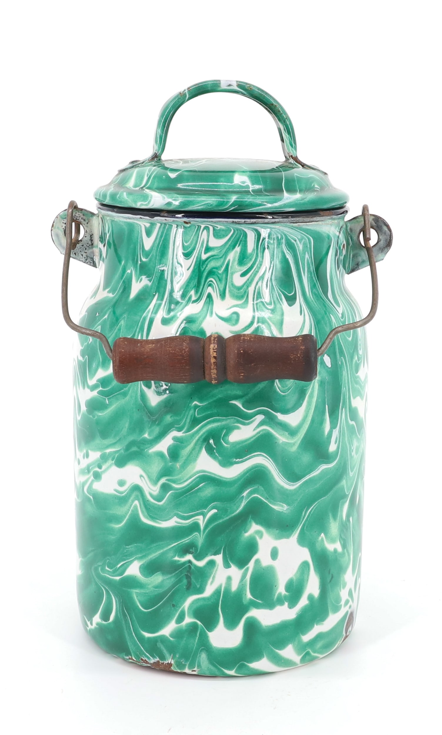 EMERALD GREEN AND WHITE SWIRL MILK CAN: AGATE MILK CAN WITH BAIL HANDLE - 9 1/4" H