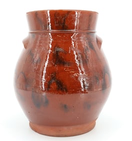 19TH CENTURY REDWARE DECORATED CROCK