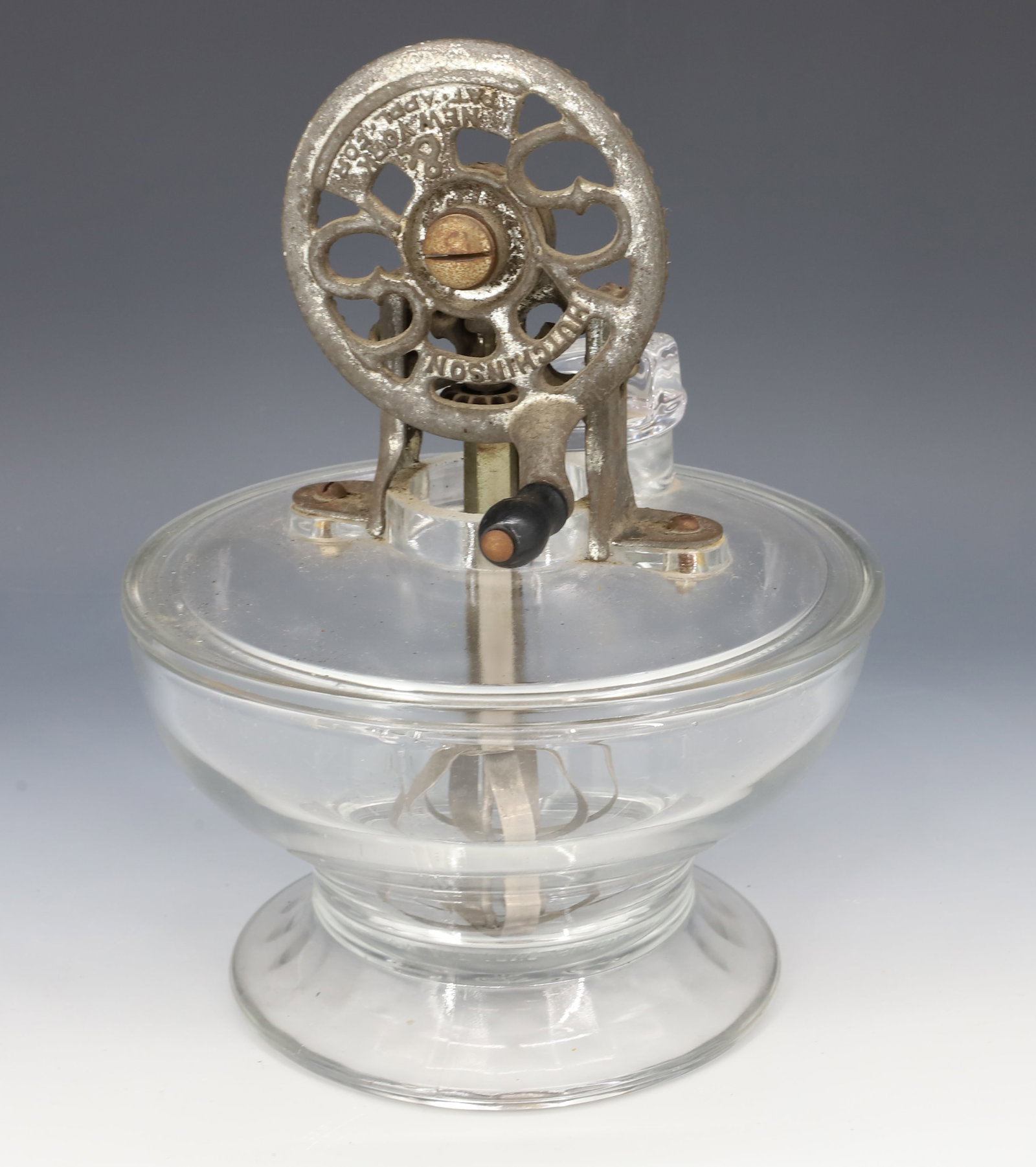 UNUSUAL GLASS MIXER BY; HUTCHINSON: GLASS BASE WITH LID AND COVER - METAL AND WOODEN BEATERS, 9" X 7 1/4" D