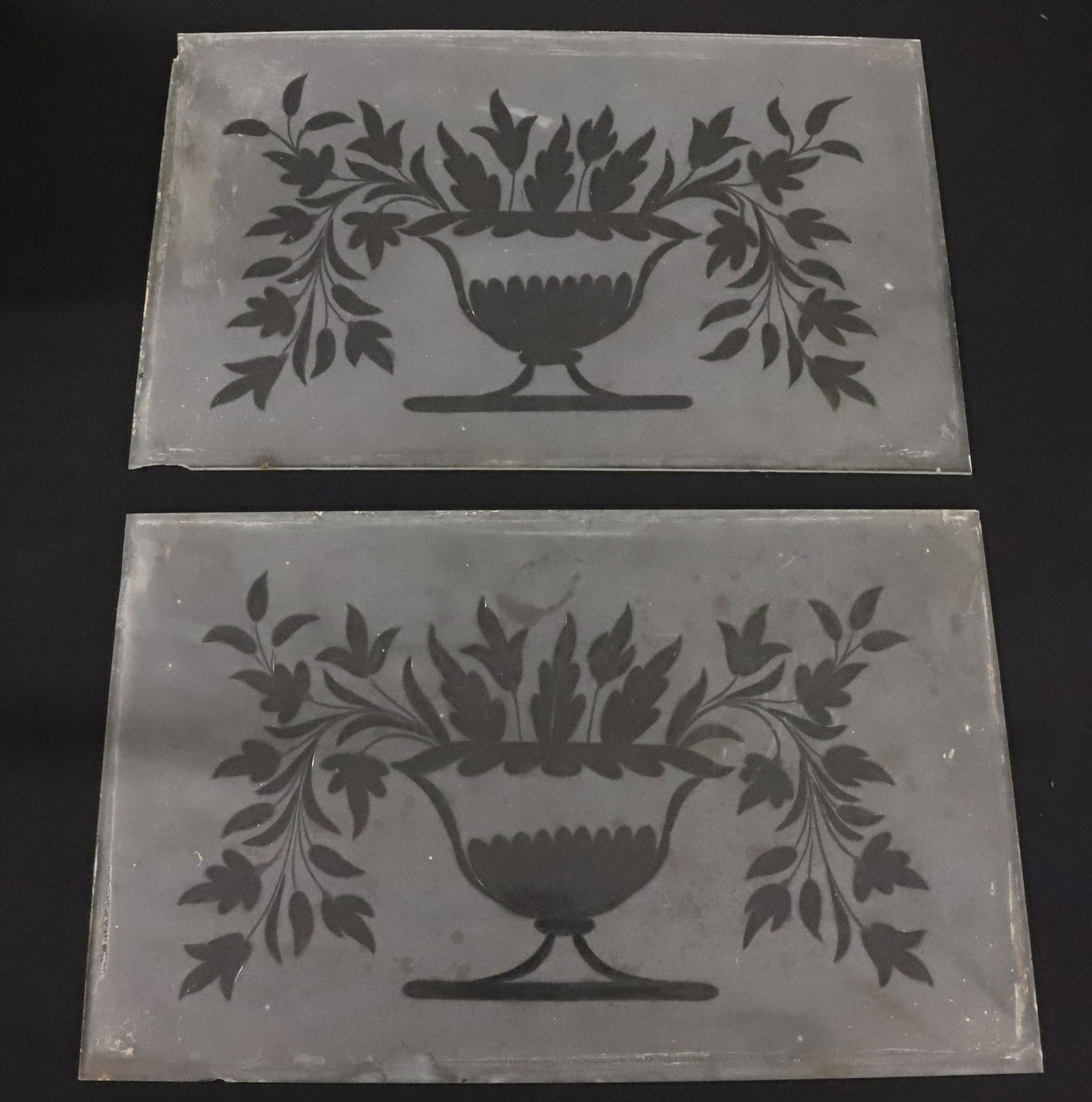 (2) 19TH CENTURY ETCHED GLASS PANELS: URN WITH FLORAL ARRANGEMENTS, 11" X 17 3/4"