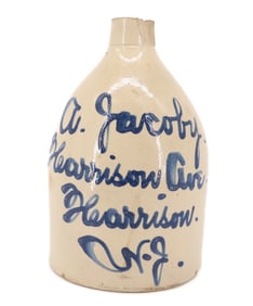 HARRISON, NJ BLUE SCRIPT ADVERTISING JUG