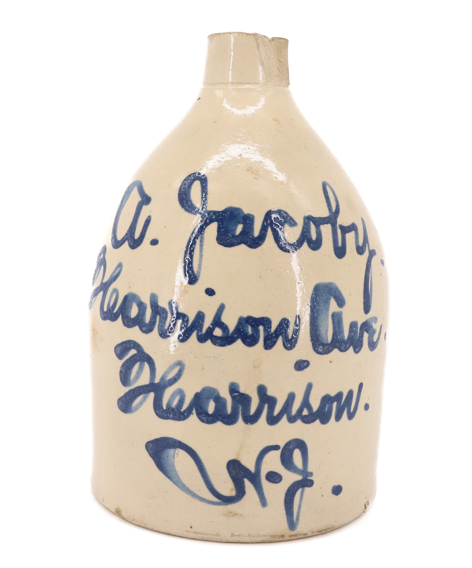 HARRISON, NJ BLUE SCRIPT ADVERTISING JUG (1 of 6)