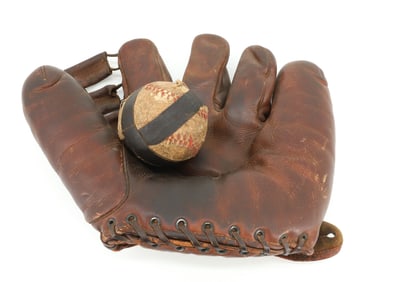 VINTAGE LEATHER BASEBALL GLOVE AND BALL