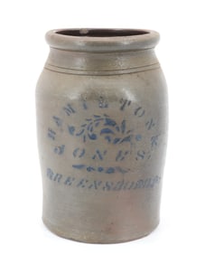 GREENSBORO, PA STENCILED STONEWARE CROCK
