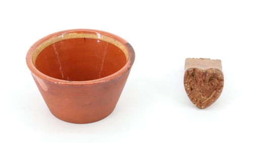 MINIATURE REDWARE BOWL AND BUTTER STAMP