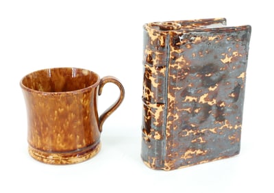 ROCKINGHAM GLAZE BOOK FLASK AND MUG