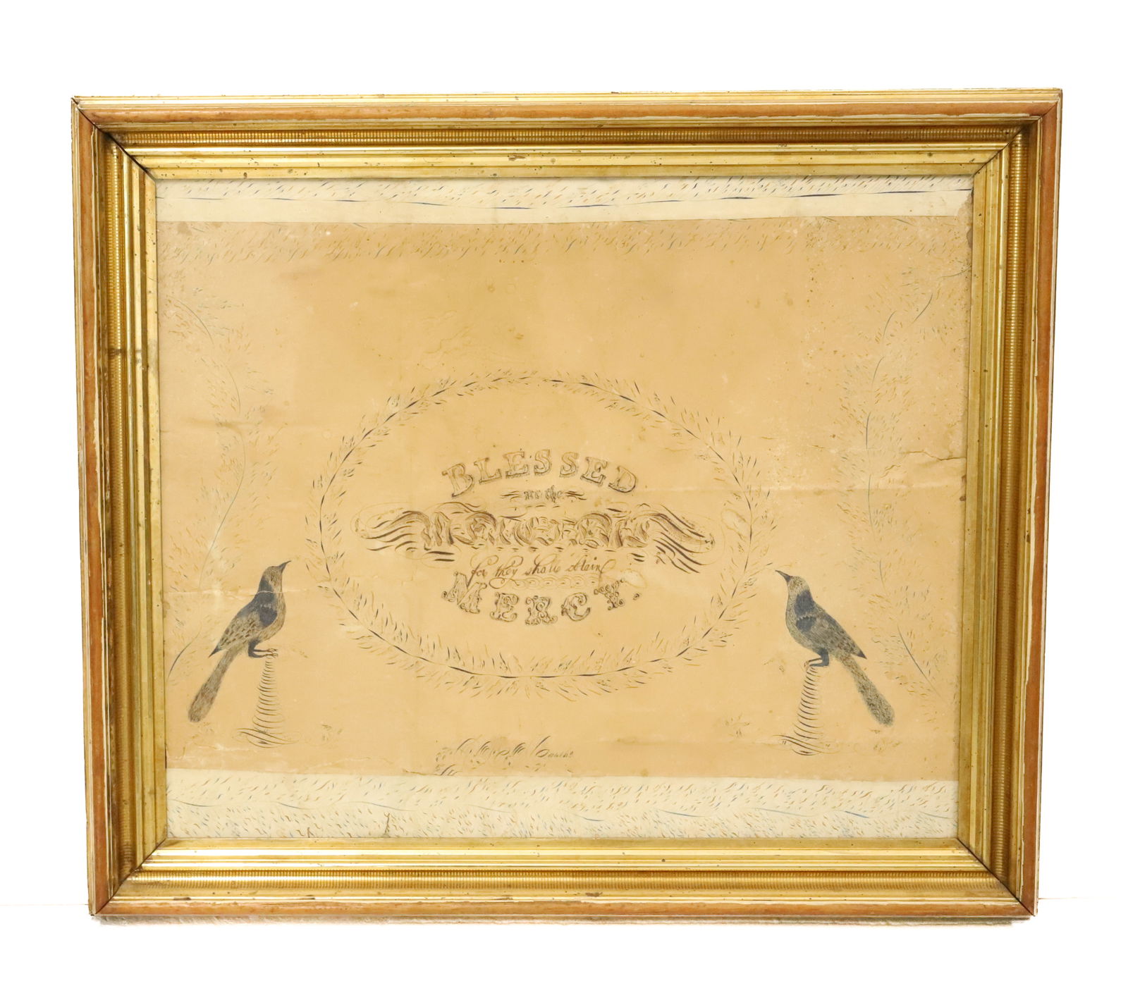 19TH C. PEN / INK ON PAPER: BLESSED ARE THE MERCIFUL FOR THEY SHALL OBTAIN MERCY BIRD ON EITHER SIDE. SGND. BOTTOM CENTER "....ARSH" SIGHT VIEW 19 1/2" X 23 1/2". FRAMED UNDER GLASS. 24 1/2" X 28 1/4".