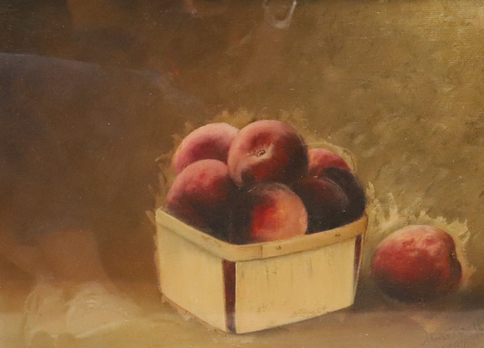 19TH C. STILL-LIFE, OIL ON CANVAS: FRUIT IN BASKET. SGND/DATED BOTTOM RIGHT "ALMA KNAFFT, 1897" SIGHT VIEW 11 3/4" X 15 3/4'. TOTAL SIZE 16 3/4" X 20 3/4".