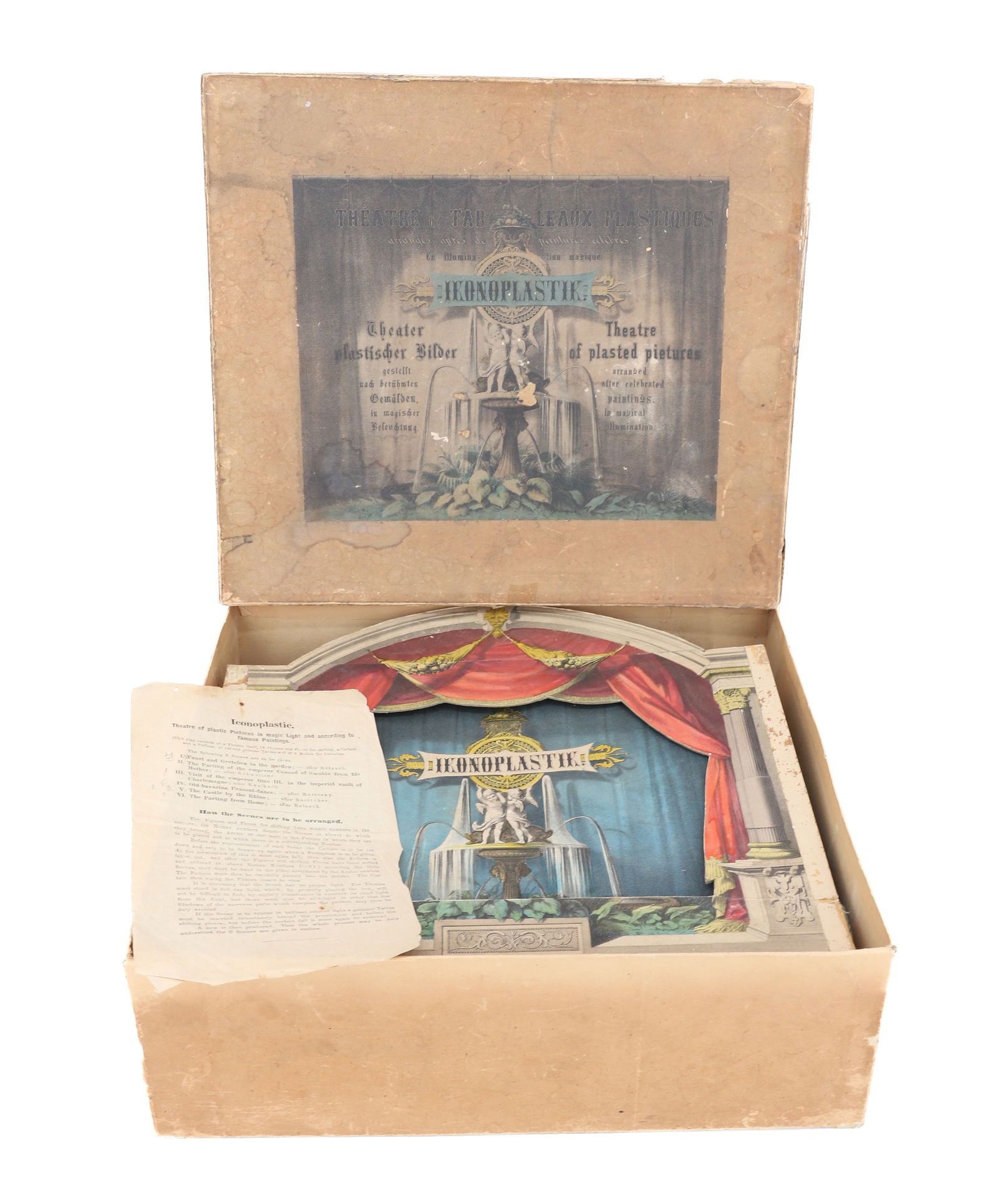 ANTIQUE PAPER LITHO "IKONOPLASTIK" THEATRE: THEATRE, SCENERY AND FIGURES IN ORIGINAL BOX. 13 1/4" X 14".