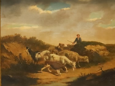 SHEPHERD WITH FLOCK OF SHEEP, OIL ON BOARD