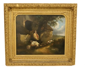 18TH / 19TH C. RUSTIC FARM SCENE, OIL ON CANVAS