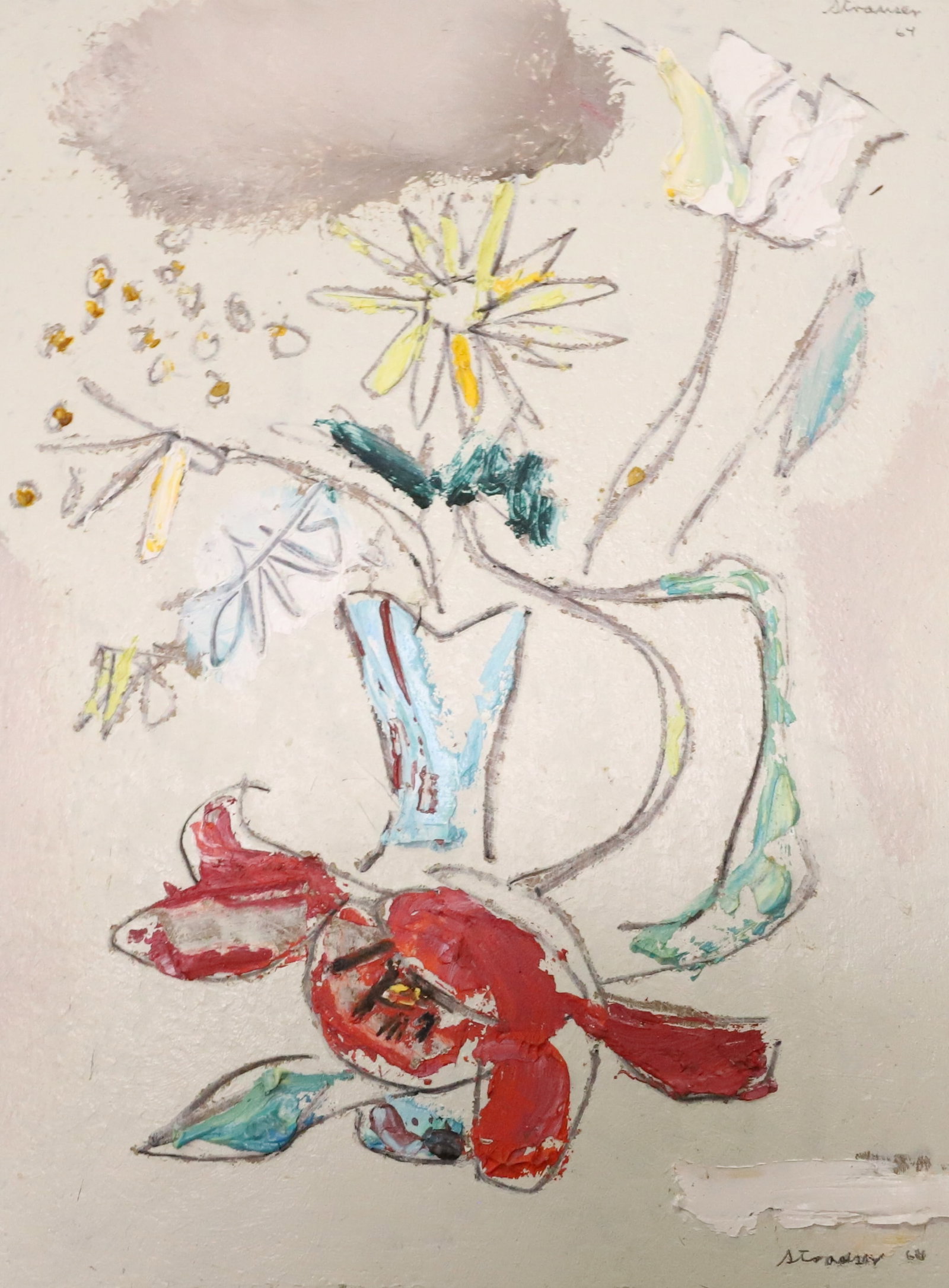 STERLING STRAUSER, OIL ON BOARD: FLOWERS IN A VASE, SIGNED LOWER RIGHT AND TOP RIGHT, DATED 64 - 12" X 9"