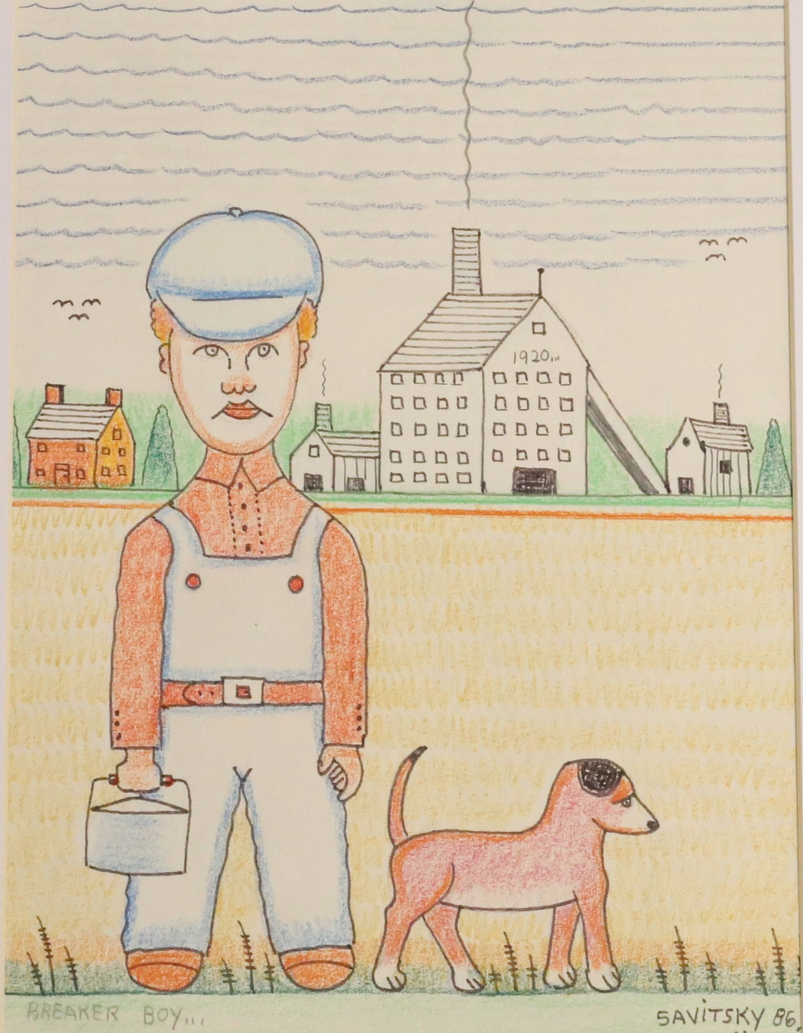 JACK SAVITSKY, CRAYON ON PAPER: DEPICTS BREAKER BOY. SGND/DATED LOWER LEFT '86. MATTED. 11 1/2" X 9". 16" X 12" MATTING.