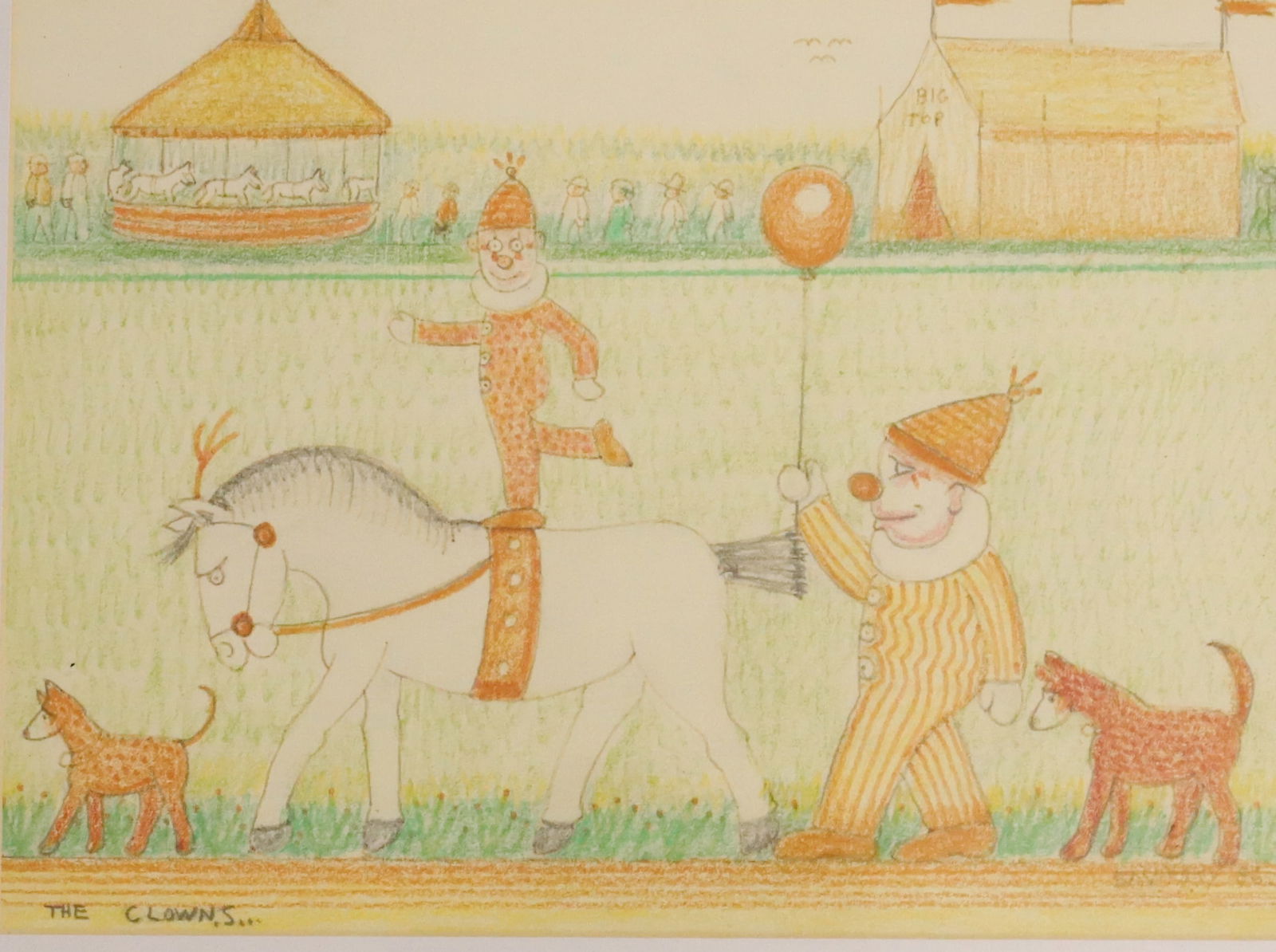 JACK SAVITSKY, CRAYON ON PAPER: THE CLOWNS. SGND/DATED LOWER RIGHT '86. 8 1/2" X 11 1/2" FRAMED AND MATTED 14" X 18".