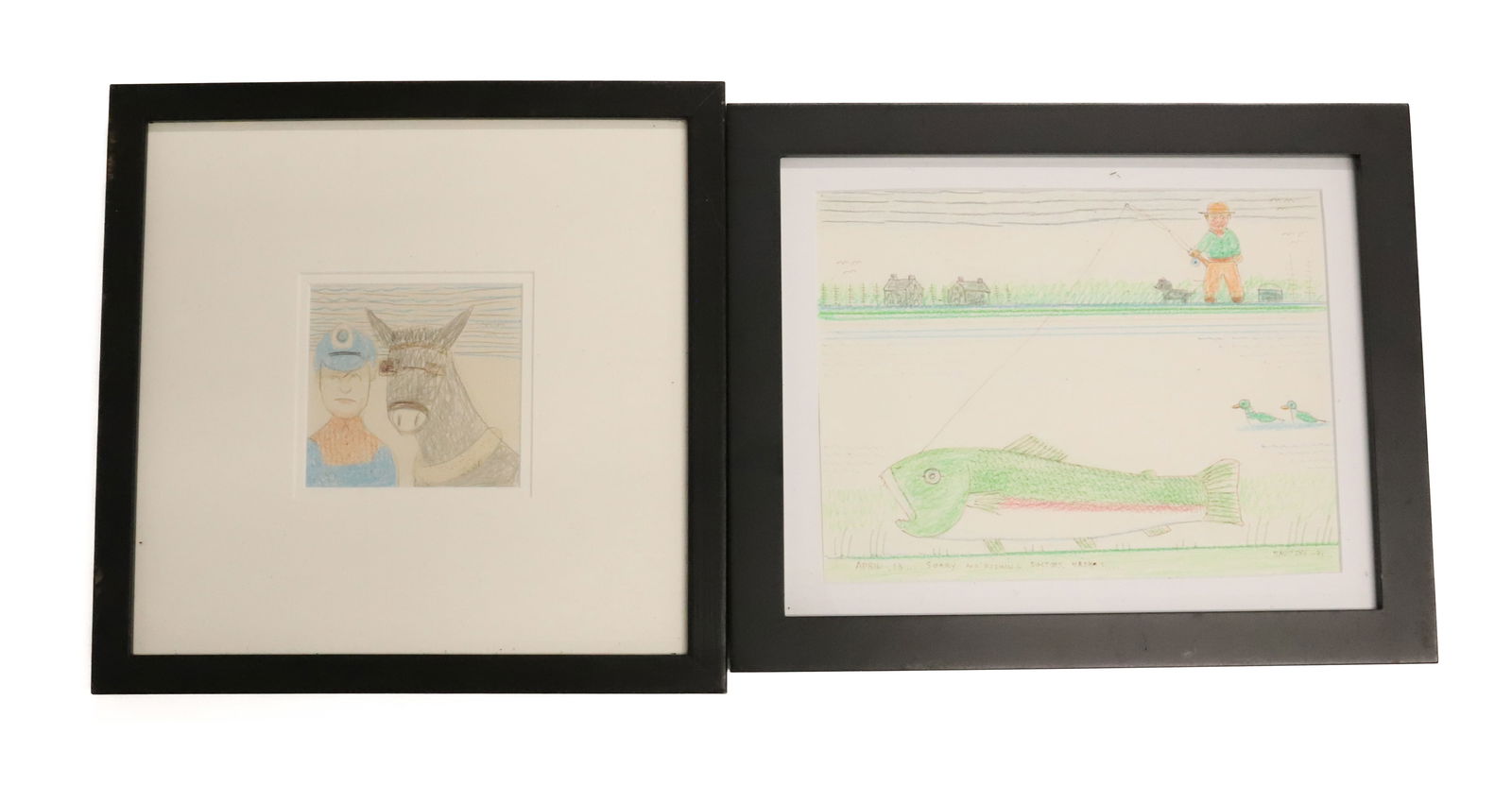 (2) JACK SAVITSKY, CRAYON ON PAPER: APRIL 13TH, SORRY NO FISHING DOCTOR'S ORDERS. 9" X 12". BREAKER BOY WITH DONKEY 5" X 5". 14" X 14" FRAMED AND MATTED.