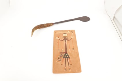 CARVED TRIBAL TOOL AND NAVAJO SAND ART