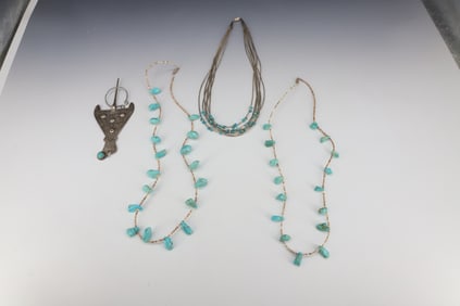 TURQUOISE / SILVER NECKLACES WITH SILVER FIBULA, BROOCH