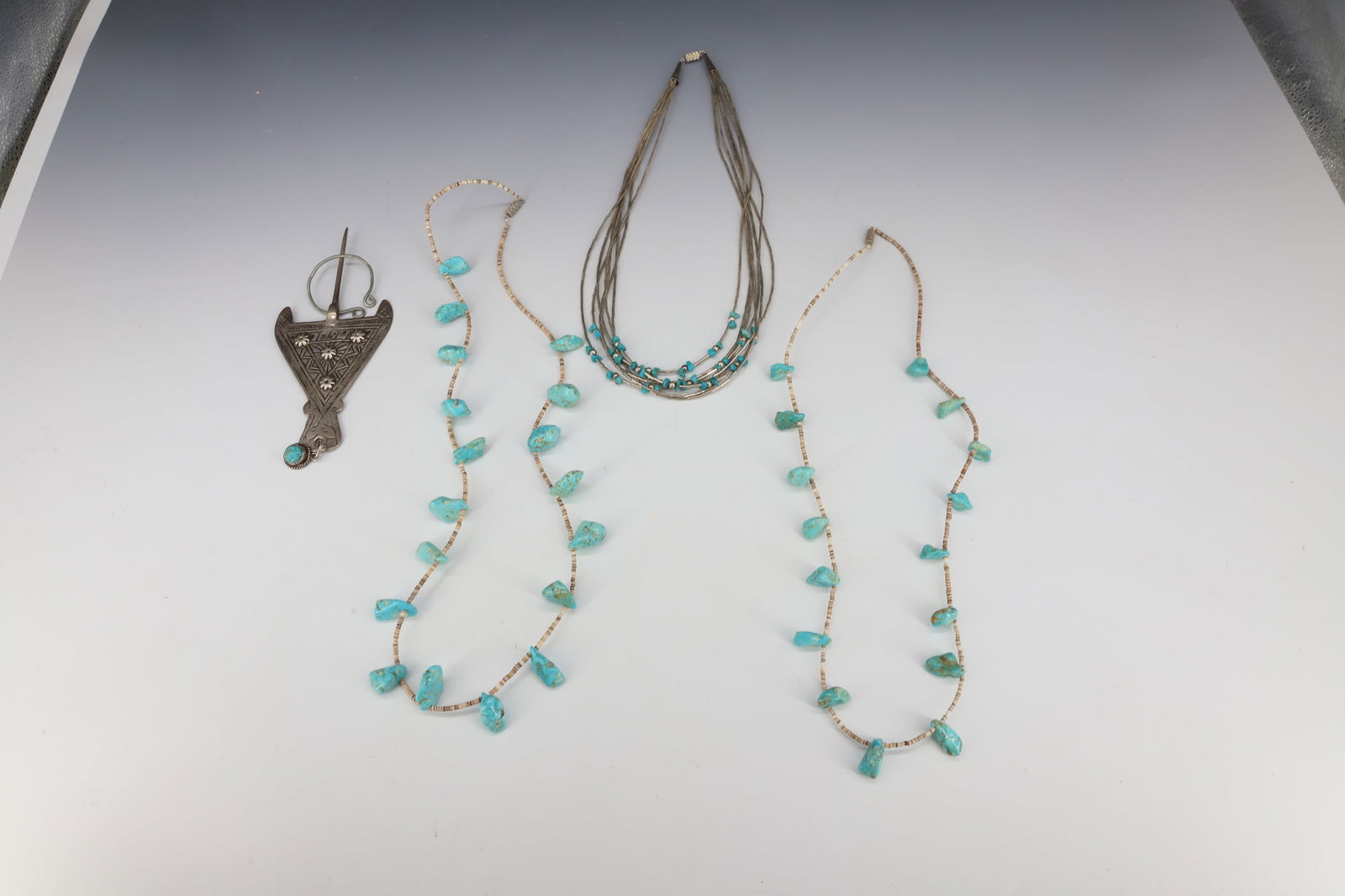 TURQUOISE / SILVER NECKLACES WITH SILVER FIBULA, BROOCH (1 of 5)