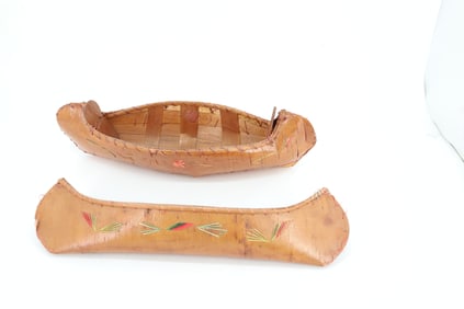 (2) DECORATED TOY BIRCHBARK CANOES
