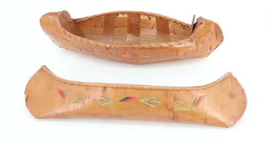 (2) DECORATED TOY BIRCHBARK CANOES