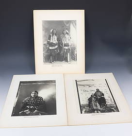 LOT OF SIOUX INDIANS PHOTOGRAPHS, ATTR. BERTHA CRUM SPARKS: EARLY 20TH C. PHOTOS OF SIOUX INDIANS IN NEBRASKA. "CHARLES TWO ELK AND LAWRENCE LITTLE EAGLE", "LITTLE EAGLE AND TALKS-ABOUT-HERSELF" AND "SARAH BLUE EYES, BUTTE CREEK". MATTED AND GLUED TO BACKING.