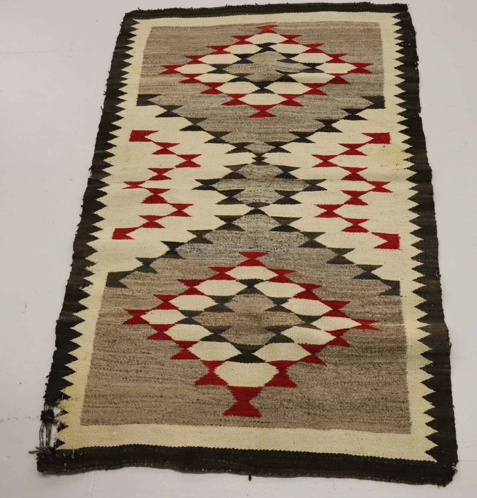 VINTAGE NAVAJO RUG: CREAM / TAN / BROWN / RED DESIGN. 55" X 36".